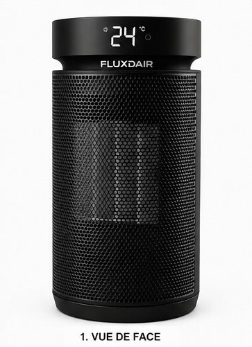 Chauffage compact FLUXDAIR noir, de face, avec écran numérique