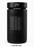 Chauffage compact FLUXDAIR noir, de face, avec écran numérique