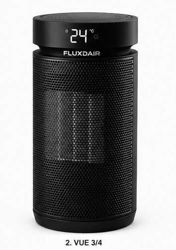 Chauffage compact FLUXDAIR de trois quarts avec sa télécommande